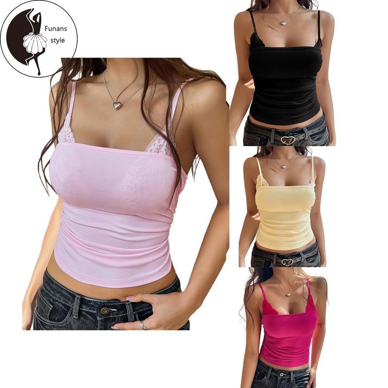Women's Summer Lace Trim Cami Tops Sleeveless Open Back Bow Tie UpFit Crop Tanks T-Shirts, Hoodie, Sweatshirt
