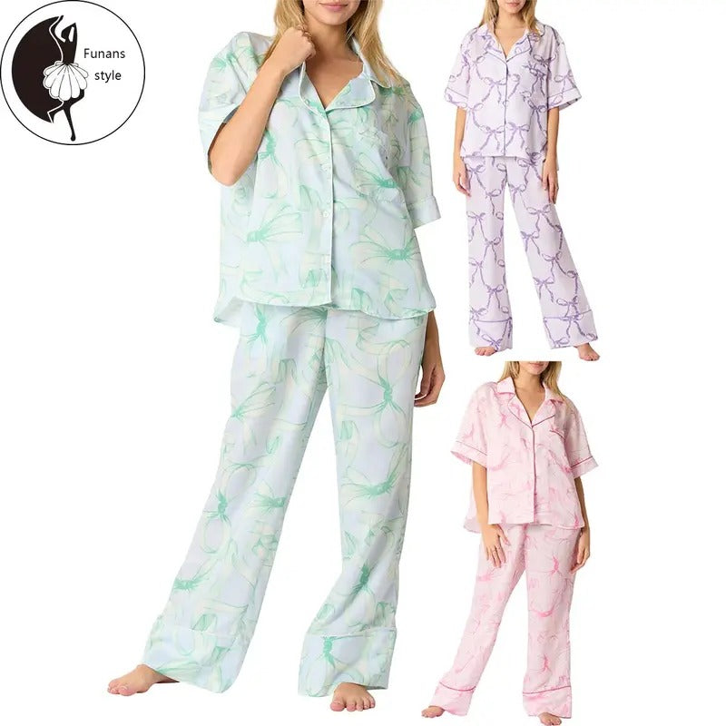 Women's Summer Loungewear Set Bow Print Short Sleeve Lapel Button T-Shirt with Elastic Waist Pants Sleepwear
