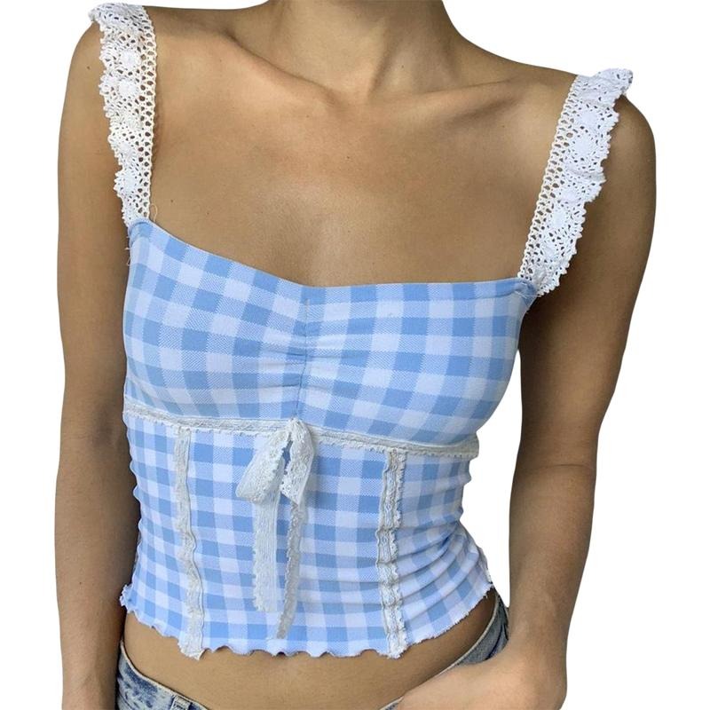 Women's Summer Slim Sling Vest Blue Sleeveless Backless Lace Trim Plaid Crop Tops Polyester Womenswear T-Shirts, Hoodie,...