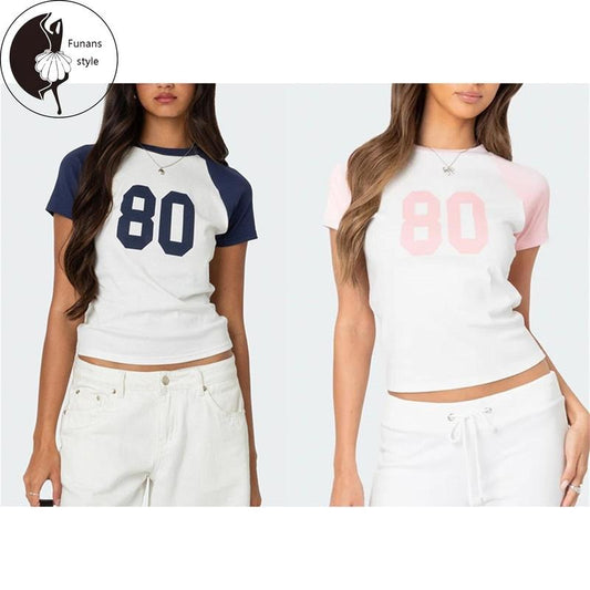 Women's Summer Tops Striped Raglan Sleeve Round Neck Letter Print T-Shirts Street Blouses Hoodie, Sweatshirt