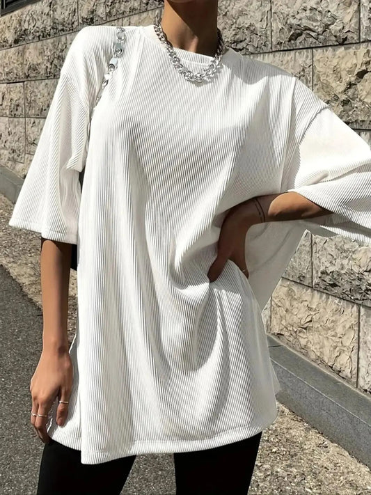 Women's Textured Drop Shoulder Half Sleeve Tee, Casual Solid Round Neck T-Shirt for Summer, Women's Top for Daily Wear...