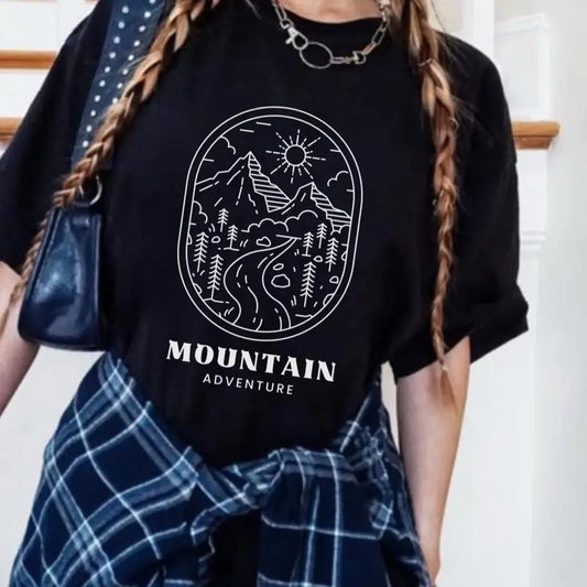 Women's The Mountains Minimalist Graphic Tshirt - Short Sleeve Casual Cotton with Sun and Mountains Design - Womenswear, Top Comfortable Oversized