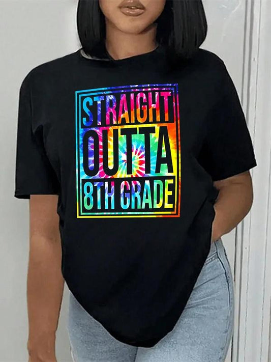 Women's Tie Dye Letter Print Round Neck Graphic Tee, Vintage Trendy Casual Short Sleeve T-shirt for Daily Wear, Ladies All Seasons Outfit