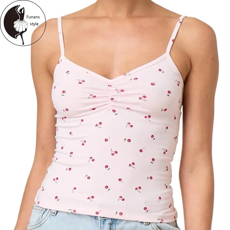 Women's V Neck Cami Tops Sleeveless Spaghetti Strap Cherry Print Camisole Summer Shirt Hoodie, Sweatshirt