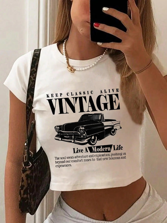 Women's Vintage Car Graphic Print Round Neck Crop Tee, Casual Slim-fitting Short Sleeve T-shirt, Ladies Summer Clothes for Daily Wear