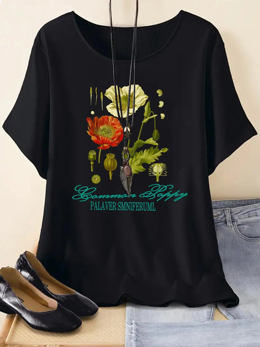 Women's Vintage Floral & Letter Print Round Neck Graphic Tee, Casual Short Sleeve Crew Neck T-Shirt for Summer, Fashion Women's Top for Daily Wear