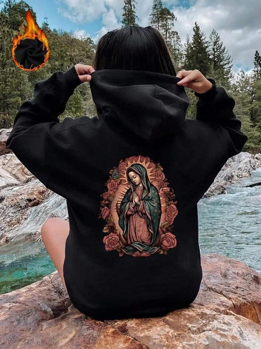 Women's Virgin Mary & Flower Pattern Hoodie, Trendy Casual Hooded Pullover for Daily Holiday Outdoor Wear, Women Clothing...