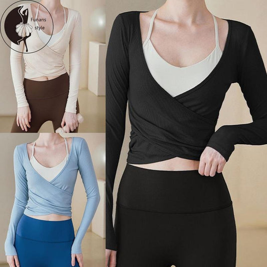 Women's Workout Tops Long Sleeve Deep V Neck Wrap Front Yoga Shirts Breathable Active Tops Hoodie, Sweatshirt