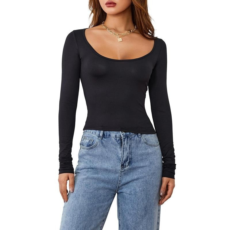 Women'sFit Yoga Tops Long Sleeve Scoop Neck Solid Color Stretchy T-Shirt Workout Tops Hoodie, Sweatshirt | InkThreadWorks.com
