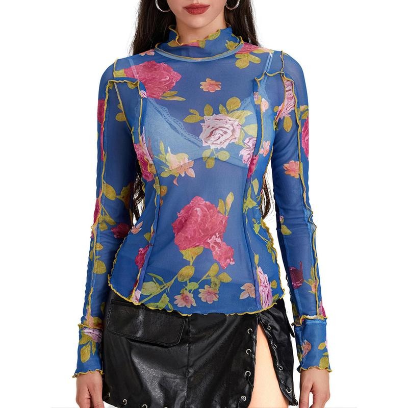 Women'sMesh Tops Floral Print Long Sleeve High Neck Lettuce T-Shirt for Spring, Summer Hoodie, Sweatshirt