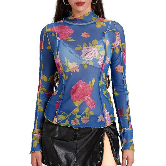 Women'sMesh Tops Floral Print Long Sleeve High Neck Lettuce T-Shirt for Spring, Summer Hoodie, Sweatshirt