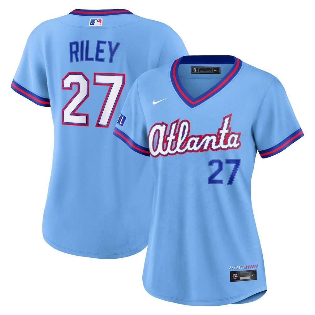 Women Atlanta Braves #27 Austin Riley 2026 City Connect Stadium Jersey - Powder Blue