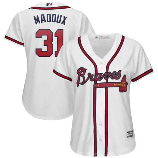 Women Atlanta Braves #31 Greg Maddux Majestic 2019 Home Cool Base Player Jersey – White