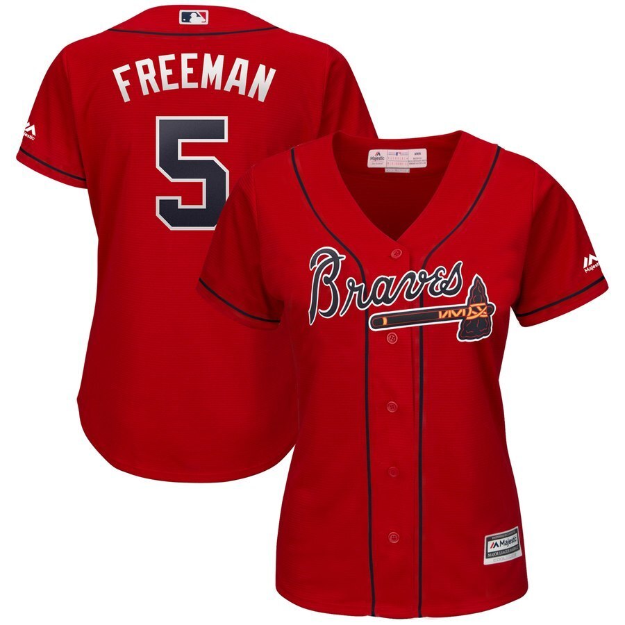 Women Atlanta Braves #5 Freddie Freeman Majestic 2019 Alternate Cool Base Player Jersey - Scarlet