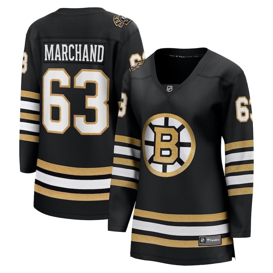 Women Boston Bruins #63 Brad Marchand Branded 100th Anniversary Premier Breakaway Player Jersey - Black