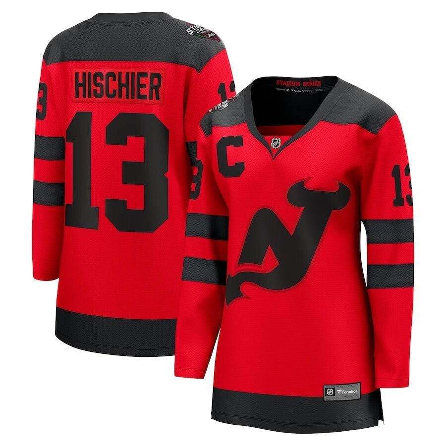 Women New Jersey Devils #13 Nico Hischier Branded 2024 NHL Stadium Series Breakaway Player Jersey – Red Style 1
