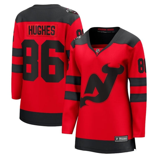 Women New Jersey Devils #86 Jack Hughes Branded 2024 NHL Stadium Series Breakaway Player Jersey – Red Style 1