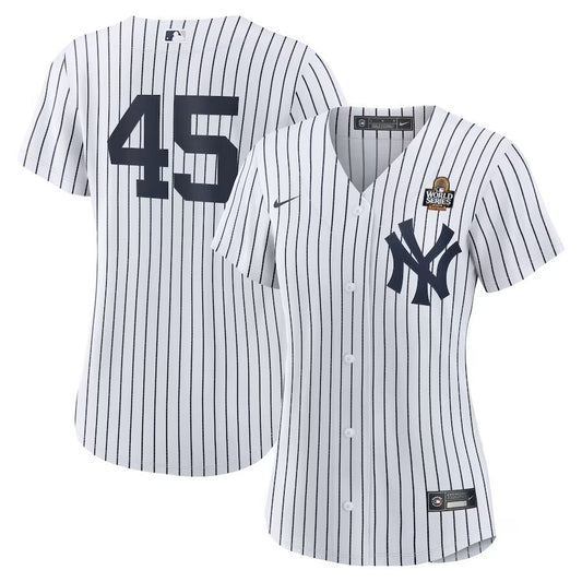 Women New York Yankees #45 Gerrit Cole 2024 World Series Home Replica Player Jersey - White