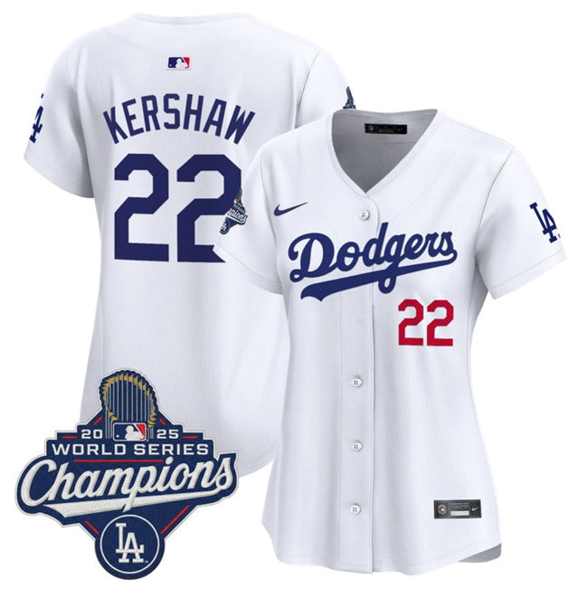 Women's Los Angeles Dodgers #22 Clayton Kershaw White 2025 World Series Champions Home