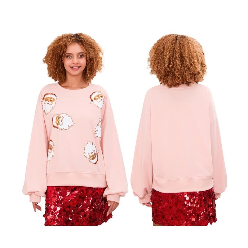Womens Christmas Sweatshirt Sequin Santa Crew Neck Lantern Sleeve Pullover Tops Casual Streetwear T-Shirts, Hoodie