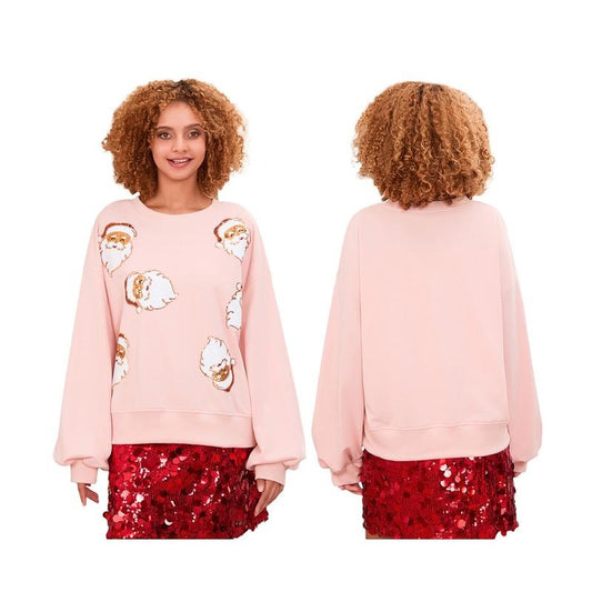 Womens Christmas Sweatshirt Sequin Santa Crew Neck Lantern Sleeve Pullover Tops Casual Streetwear T-Shirts, Hoodie