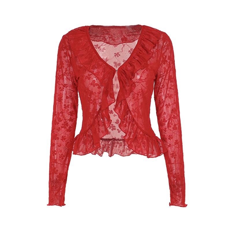 Womens Floral Lace Tops See Through Ruffle Trim Split Front V Neck Long Sleeve Shirts Fall Streetwear Hoodie, Sweatshirt