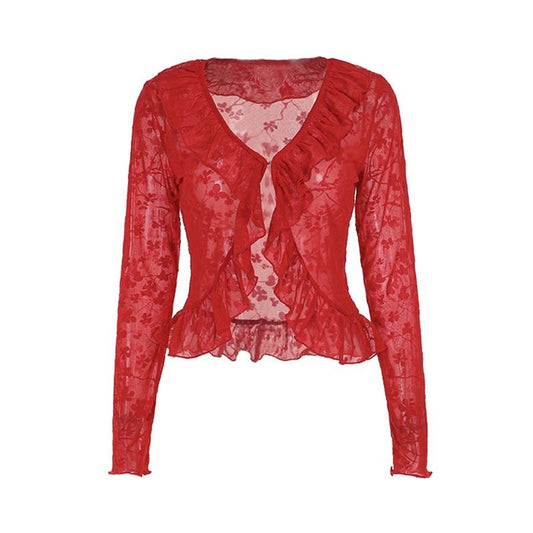 Womens Floral Lace Tops See Through Ruffle Trim Split Front V Neck Long Sleeve Shirts Fall Streetwear Hoodie, Sweatshirt