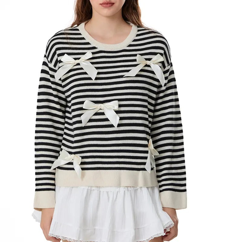 Womens Striped Sweatshirt 3D Bow Crew Neck Long Sleeve Pullover Tops Casual Streetwear T-Shirts, Hoodie | InkThreadWorks.com