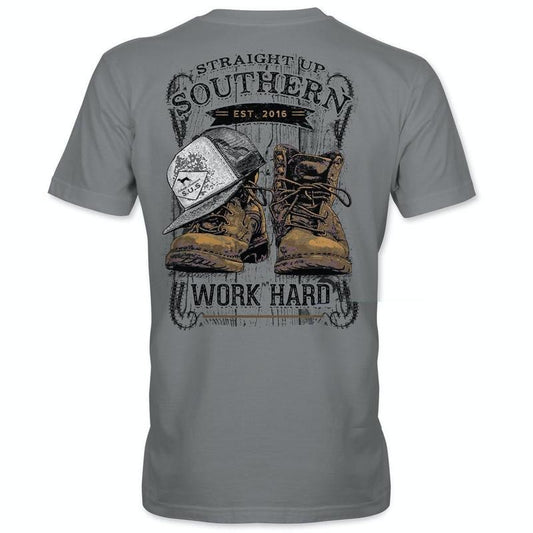 Work Hard - Vintage Work Boots and "WORK HARD" Pocket T-Shirt - Grey Hoodie, Sweatshirt | InkThreadWorks.com