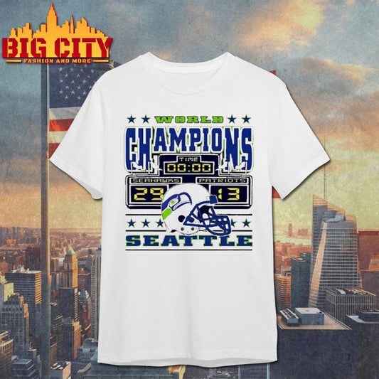 World Champions Seattle Seahawks 29 Patriots 13 Scoreboard Helmet Shirt