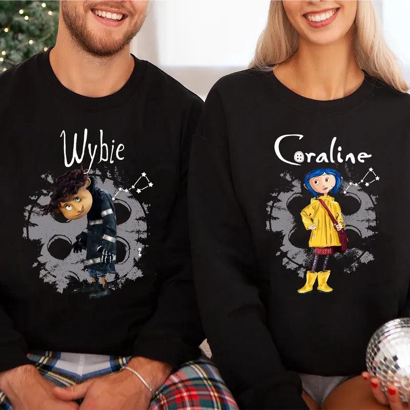 Wybie and Coraline Couple Couple Sweatshirt, Cute Coraline T-Shirt, Valentine Movie Hoodie Shirt, Coraline yellow Coat Tee
