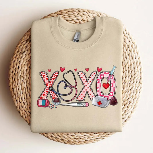 XOXO Nurse Sweatshirt, Valentines Day Shirt, Sweatshirt For Nurse, Valentines Day Gift for Nurse Casual Classic Collar Cotton Fabric Knit