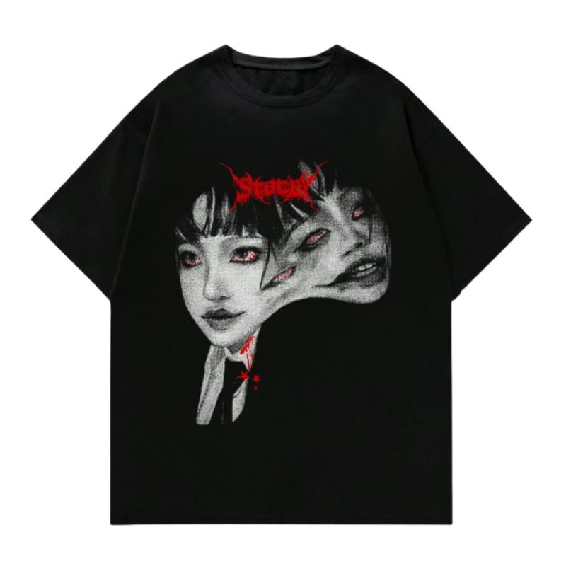 Y2K Horror Aesthetic T-Shirt - Dark Gothic Multi-Face Psychedelic Tee, Retro Pixel Dream Tee