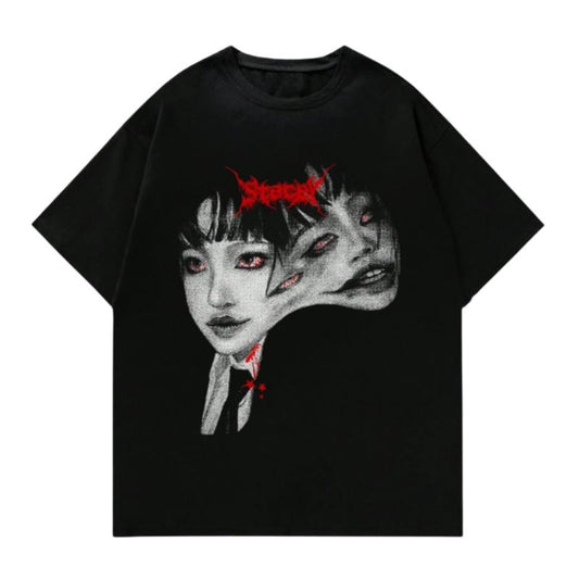 Y2K Horror Aesthetic T-Shirt - Dark Gothic Multi-Face Psychedelic Tee, Retro Pixel Dream Tee
