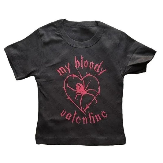 Y2K My Bloody Valentine Baby Tee Graphics Print Kawaii Short Sleeve T-shirts Summer Emo girl Crop Tops Slim 90s tops Streetwear Goth Baby Tee
