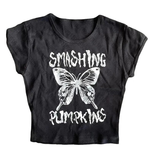 Y2k style Summer Goth 90s Vintage fairy Butterfly Graphic Baby Tee emo Cute Punk Women Crop top Short Sleeve Streetwear