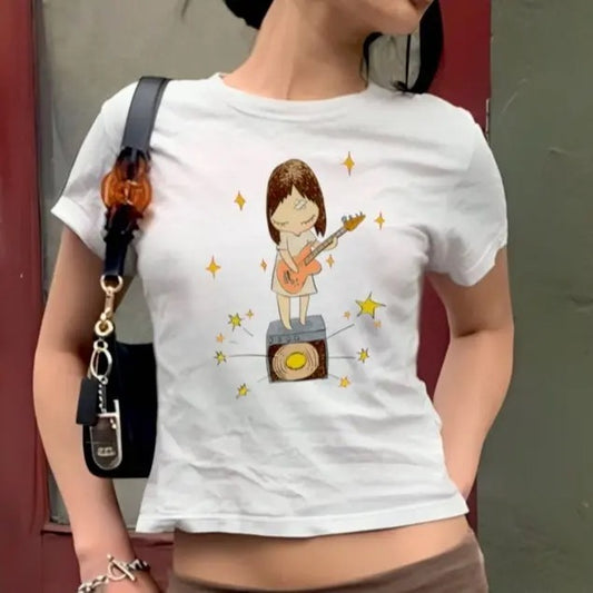 Yoshitomo Nara Guitar Girl Music Y2K Baby Tee, Premium Cotton Womenswear Short Sleeve Top - Classic Nara Band Graphic Shirt
