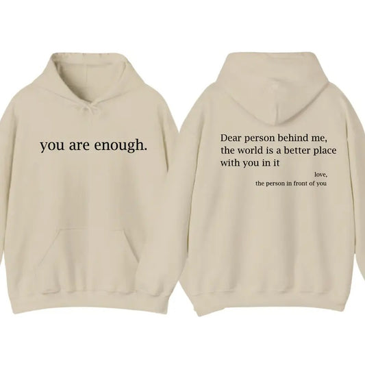 You Are Enough 2 Sided Hoodie T-Shirt, Men's Letter Print Pocket Drawstring Graphic, Spring Fall Menswear