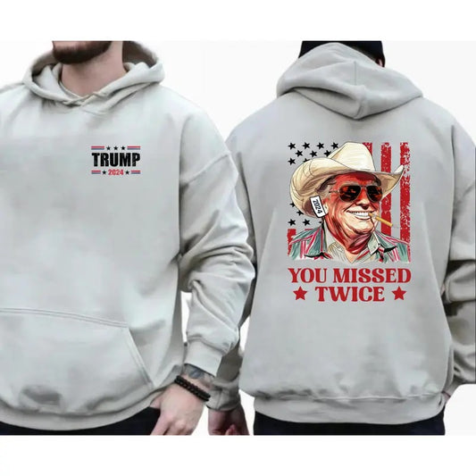 You Missed Twice Trump T-shirt Sweatshirt Hoodie- Western Trump Cowboy You Missed Flag Back T-shirt - 2 Side