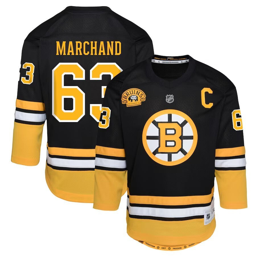 Youth Boston Bruins #63 Brad Marchand 100th Anniversary Replica Player Jersey - Black