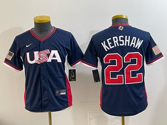 Youth USA Baseball #22 Clayton Kershaw Navy 2026 World Baseball Classic 26 World Cup Youth