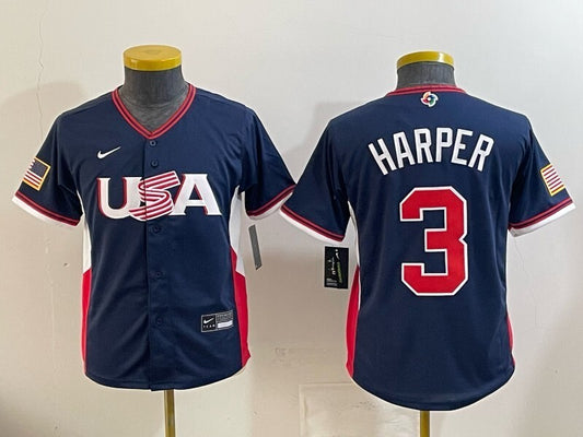 Youth USA Baseball #3 Bryce Harper Navy World Baseball Classic 26 World Cup Youth