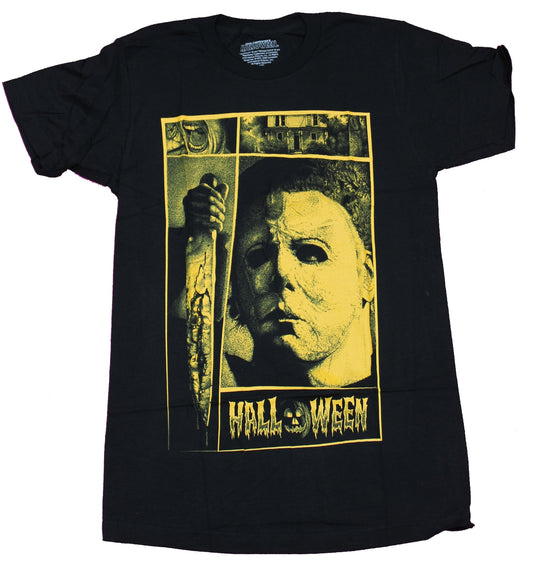 Halloween Movie Mens T-Shirt  -  Yellow Boxed Photo Michael Myers Knife