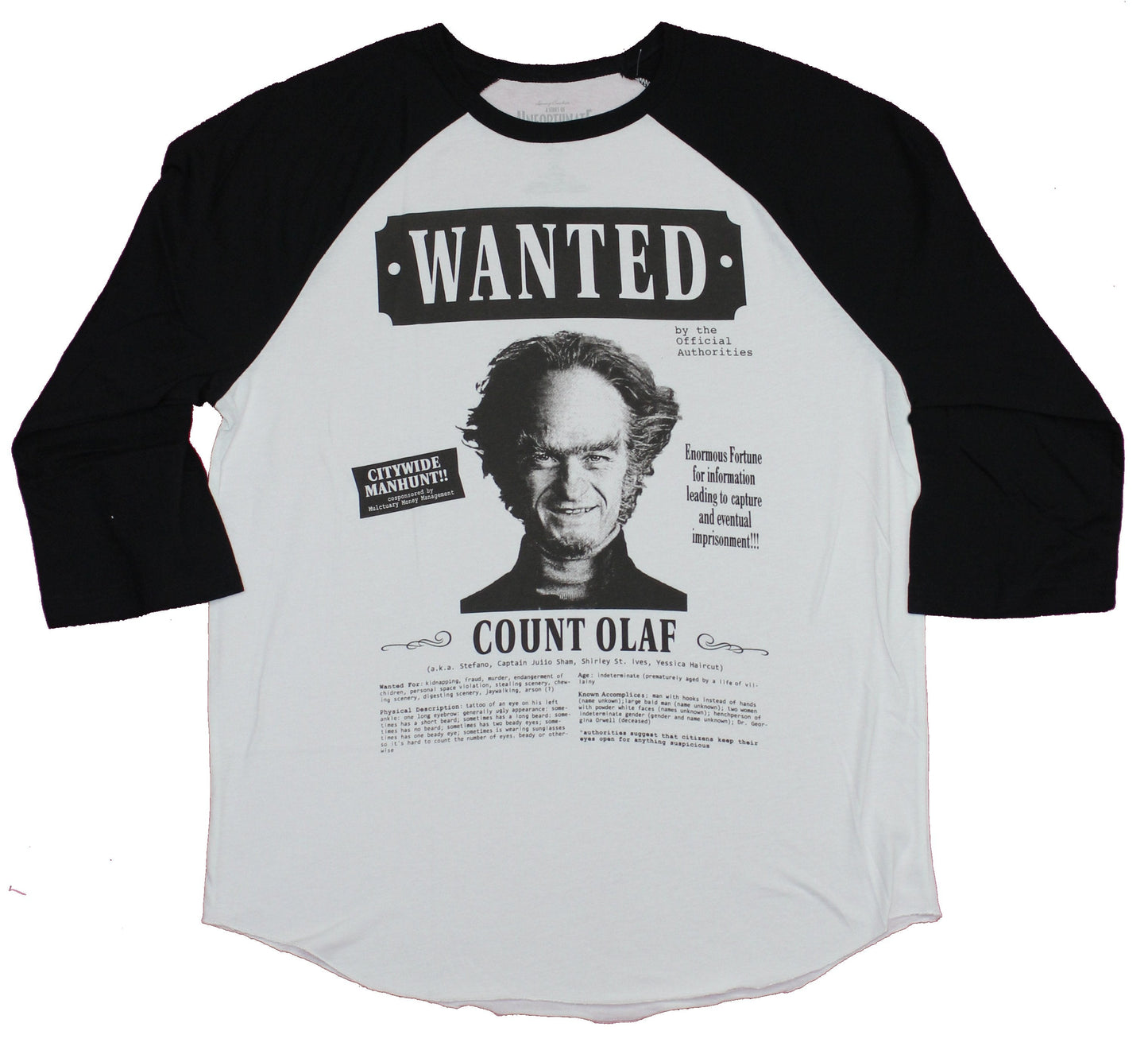 Series of Unfortunate Events Raglan Mens T-Shirt- Wanted Count Olaf Poster