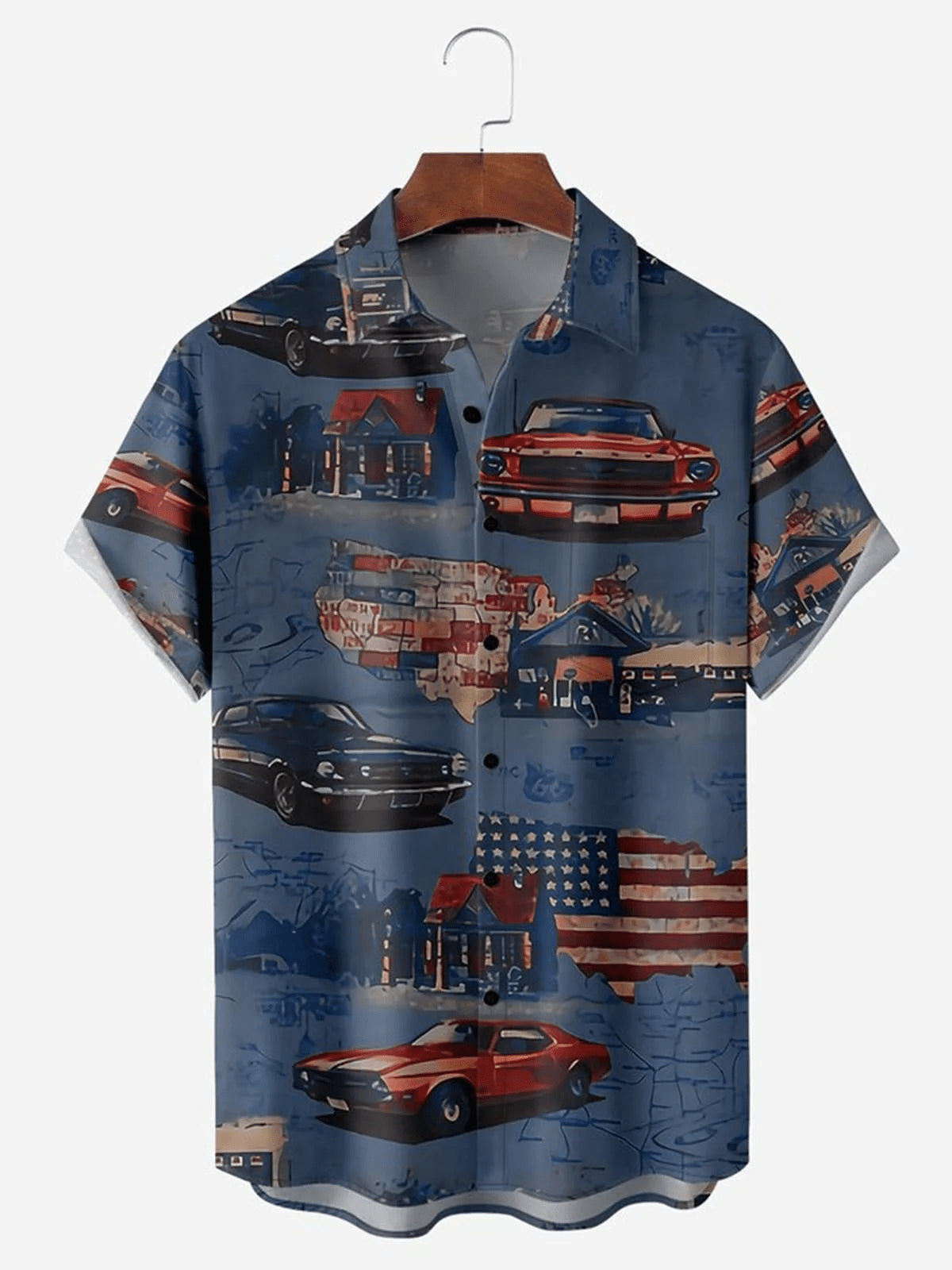 American Flag Car Chest Pocket Men's Trendy Hawaiian Shirts
