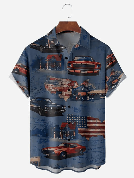 American Flag Car Chest Pocket Men's Trendy Hawaiian Shirts