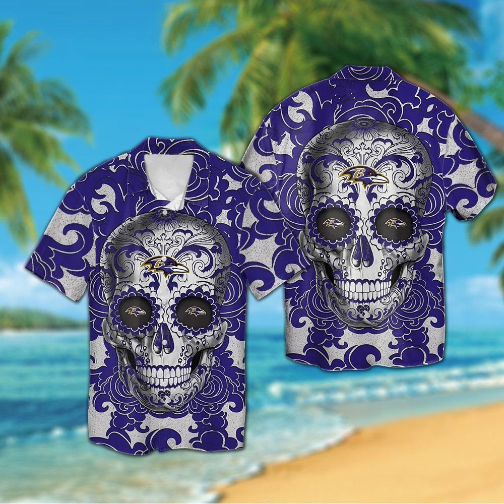Baltimore Ravens Sugarskull Short Sleeve Button Up Tropical Hawaiian Shirt