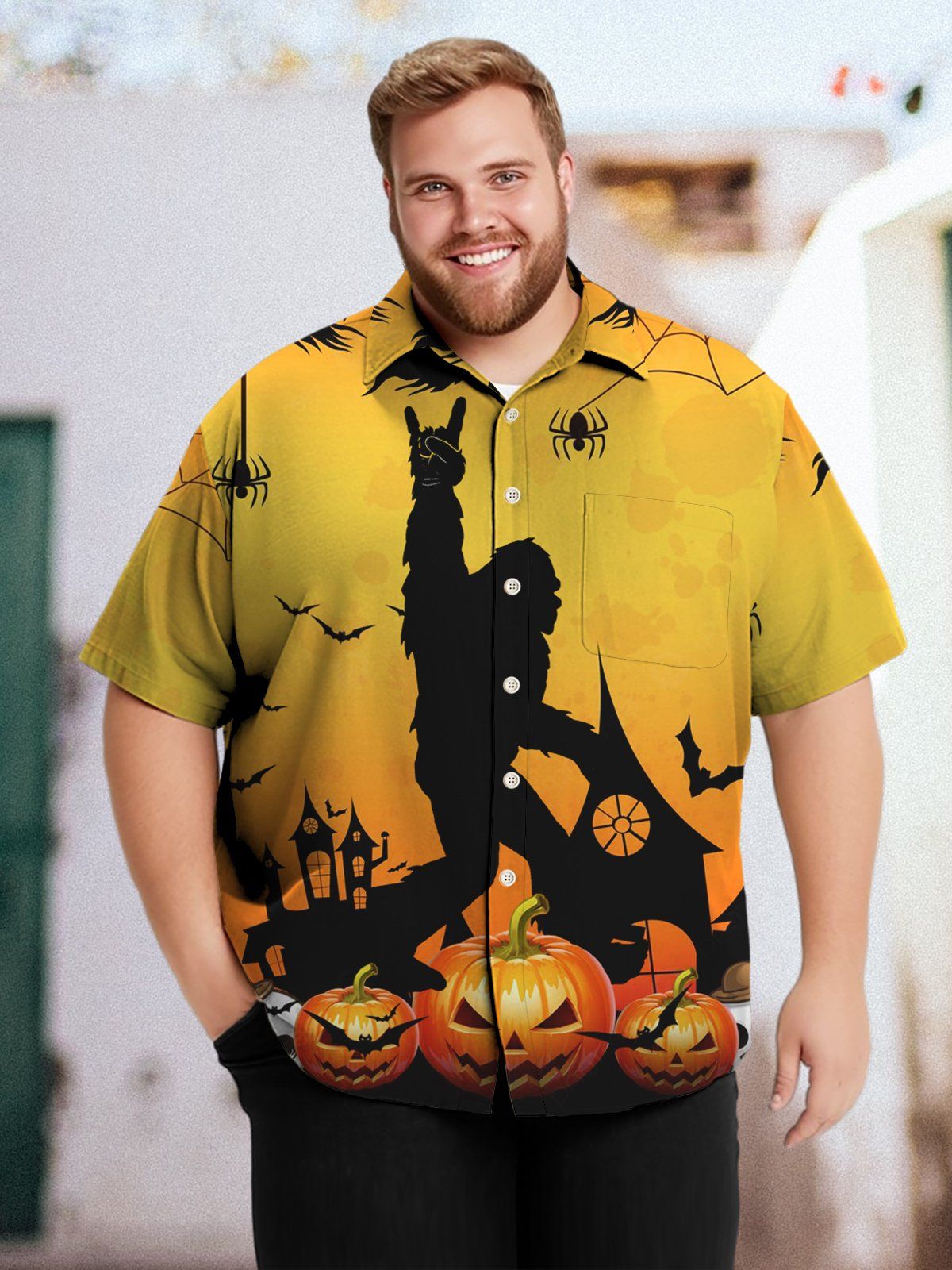 Big & Tall Halloween Party Bigfoot Horror Print Hawaiian Shirt