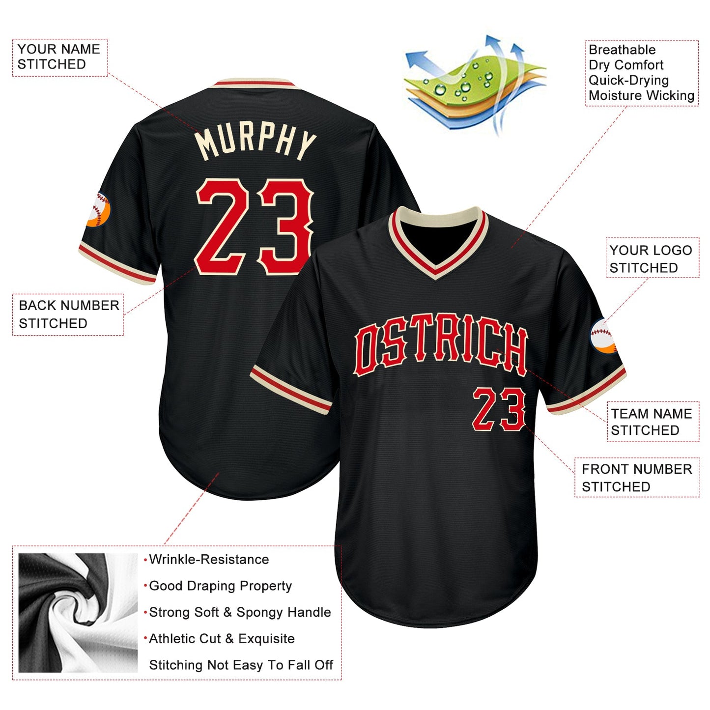 Custom Black Red-Cream Authentic Throwback Rib-Knit Baseball Jersey Shirt