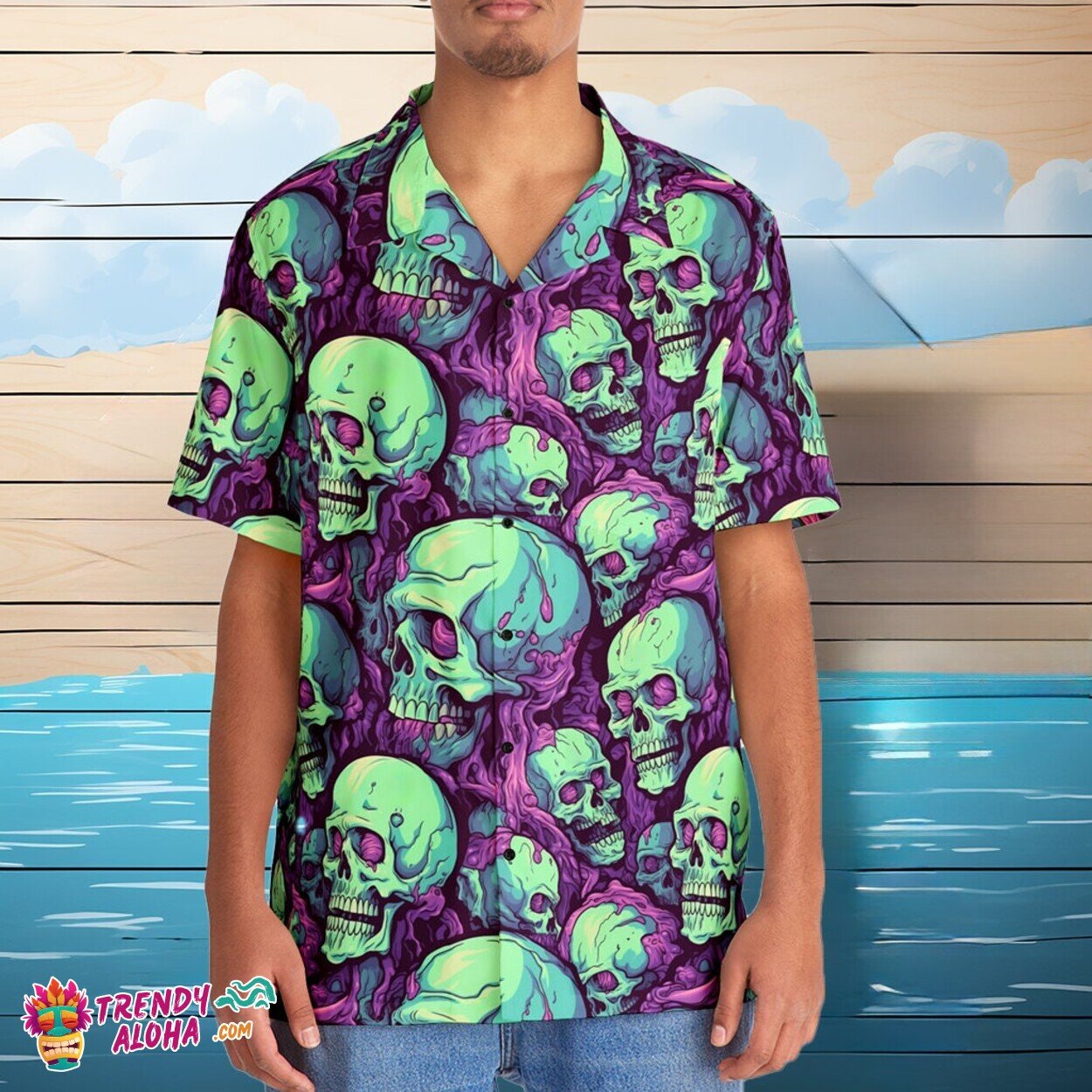 Brain-Eating Zombie Horror Scene Men's Hawaiian Vacation Shirt
